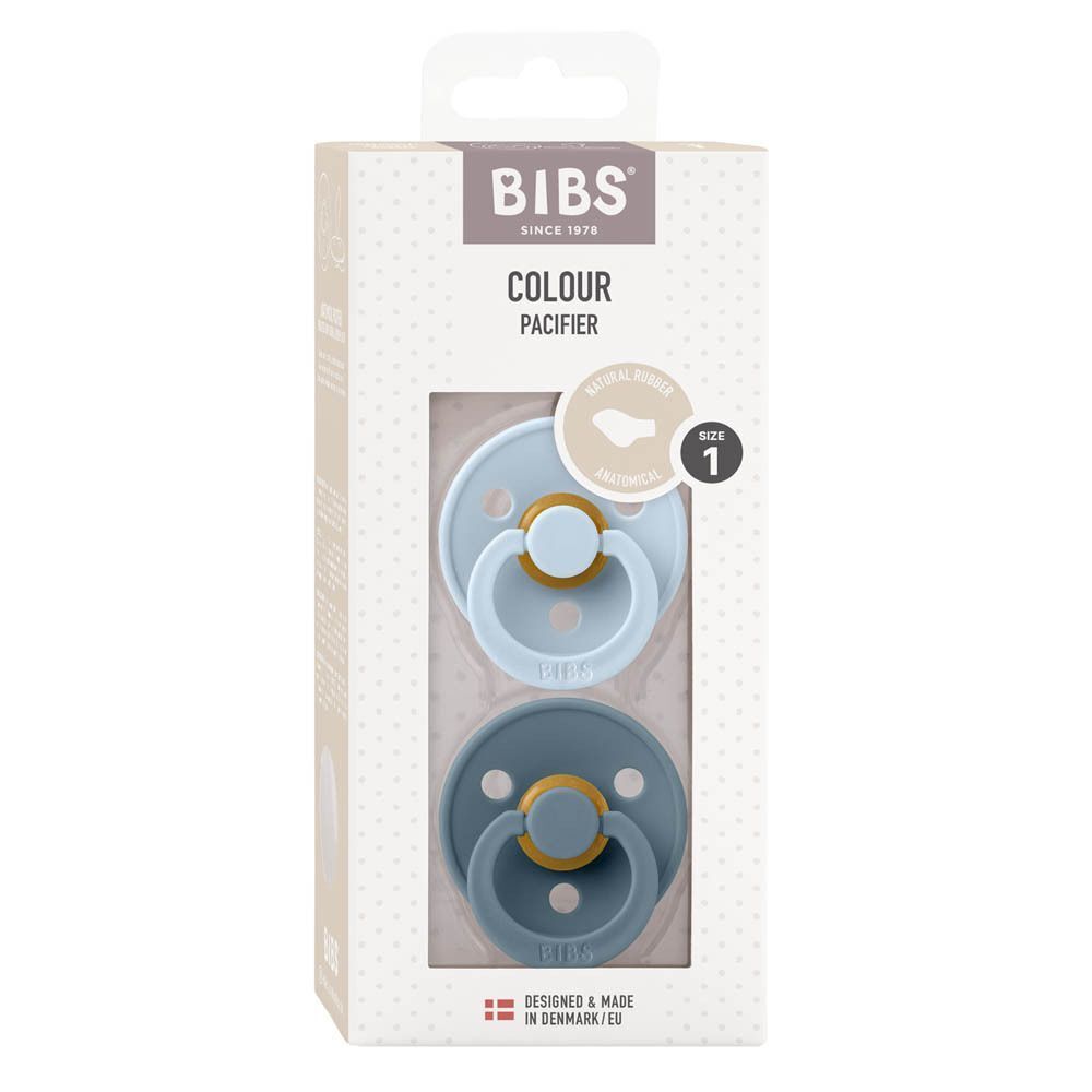 Verpakking met twee blauwe en gele fopspenen. BIBS-logo en productnaam. Maat 1.