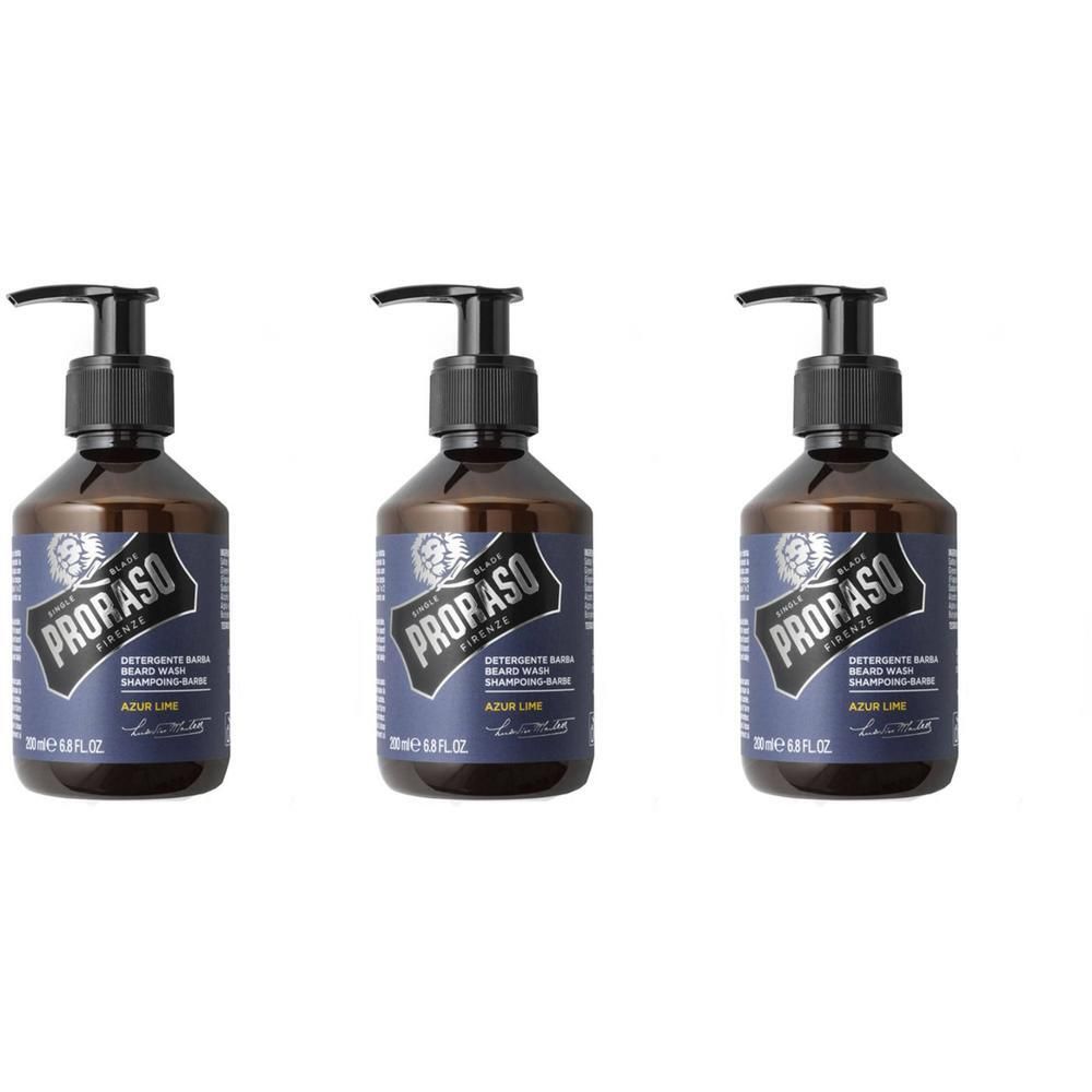 Trois flacons avec pompe noire. L'étiquette indique "Proraso Firenze", "Detergente Barba", "Azur Lime".