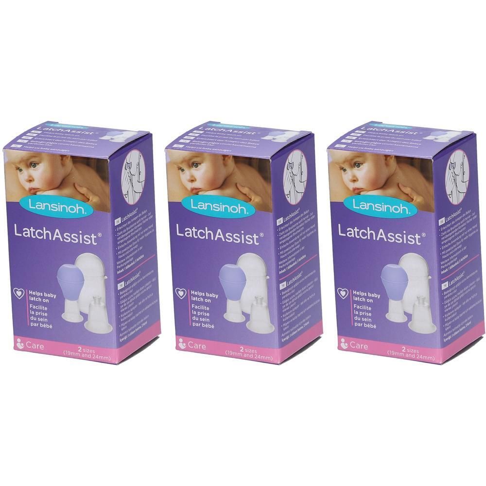 Trois boîtes de Lansinoh LatchAssist. Chaque boîte présente un bébé. Le nom du produit et les caractéristiques sont imprimés sur la boîte.