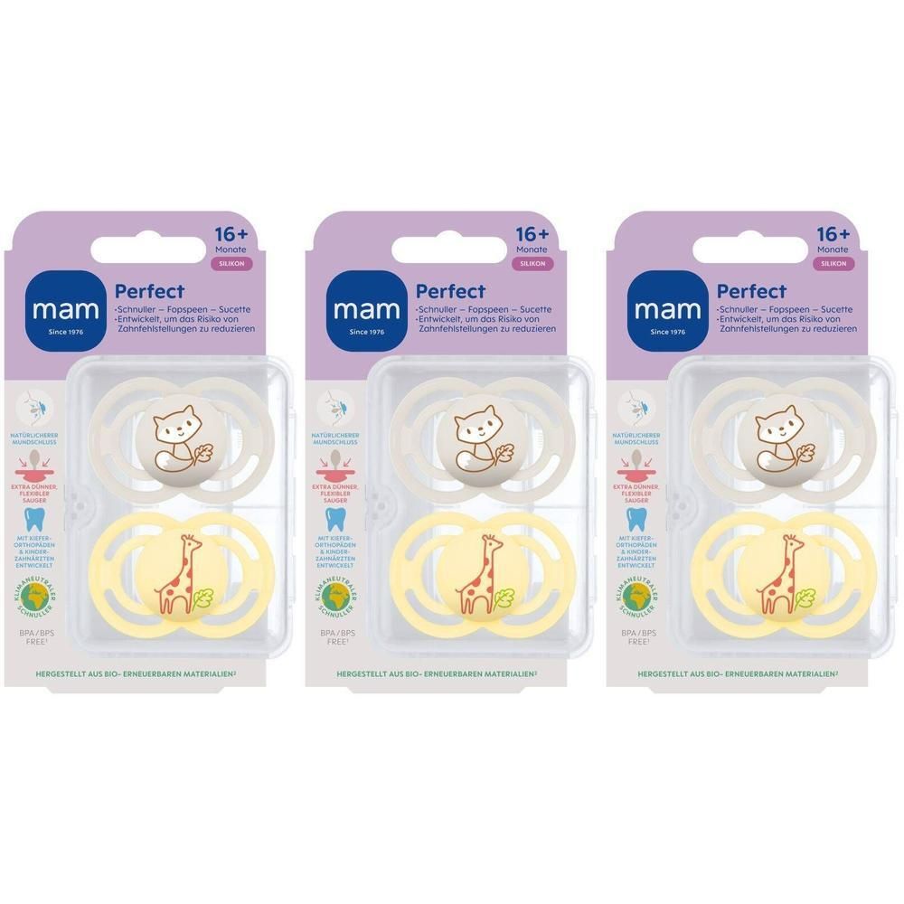 Drie MAM Perfect fopspenen in verpakking. Boven: lichtgrijs met vos. Onder: geel met giraffe. Aanbevolen voor 16+ maanden.