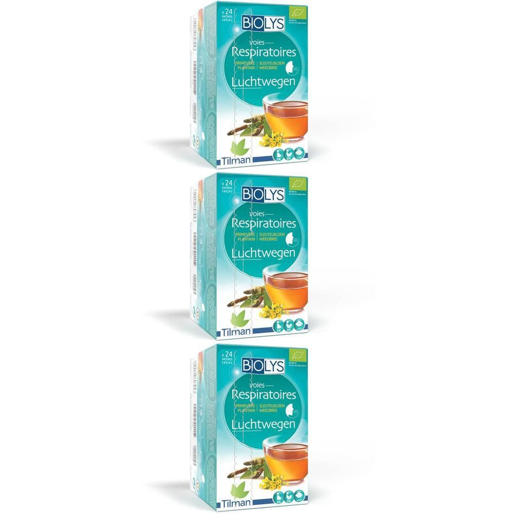 Trois boîtes Biolys Primevère - Plantain. Boîtes turquoise et blanches avec nom du produit et image d'une tasse de thé.
