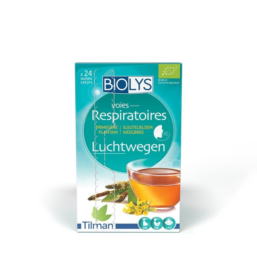 Biolys Primevère - Plantain verpakking. Turquoise en witte doos met productnaam, afbeelding van een kopje thee en kruiden.