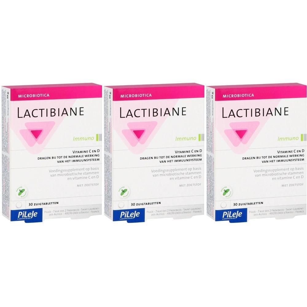Trois boîtes de Lactibiane Immuno. Emballage blanc avec accents roses. Inscription Lactibiane, Immuno, Vitamine C et D. Marque Pileje.