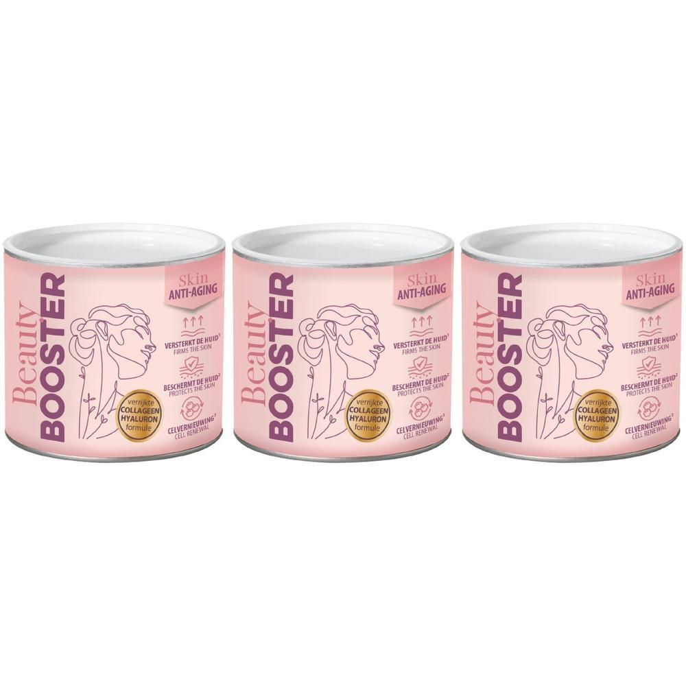 Drie roze potten. Opschrift: Beauty Booster, Skin Anti-Aging. Illustratie van een vrouwelijk profiel. Bevat collageen en hyaluronzuur.