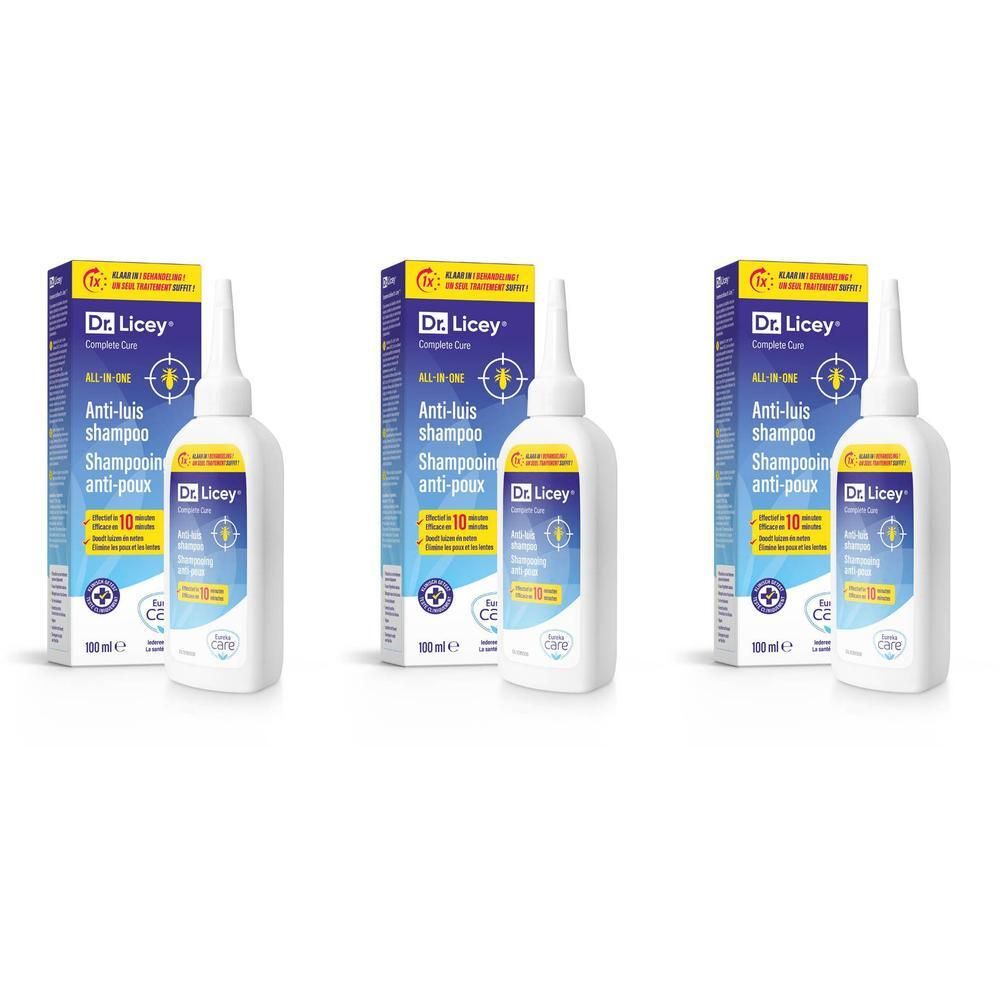 Trois flacons et emballages de shampooing Dr. Licey. Flacons blancs avec applicateur, emballages bleus et jaunes avec informations.