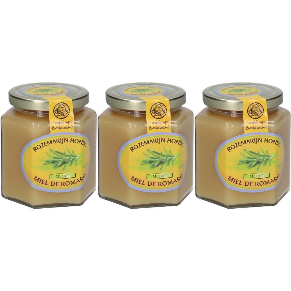 Trois pots de miel avec étiquettes. Les étiquettes indiquent "Rozemarijn Honing" et "Miel de Romarin".
