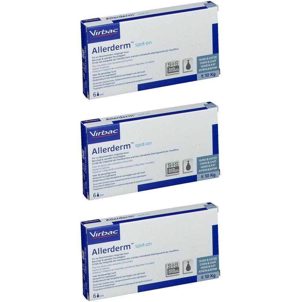 Trois boîtes Allerderm spot-on. Marque Virbac et nom du produit visibles. Pour chats et chiens moins de 10 kg. Emballage de 6.