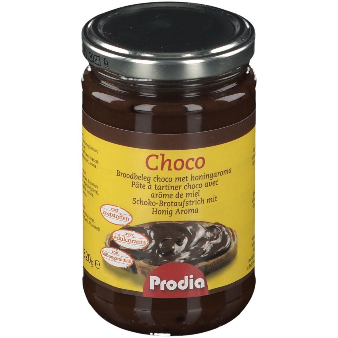 Pot de pâte à tartiner choco avec arôme de miel. Étiquette jaune avec nom du produit et marque Prodia.
