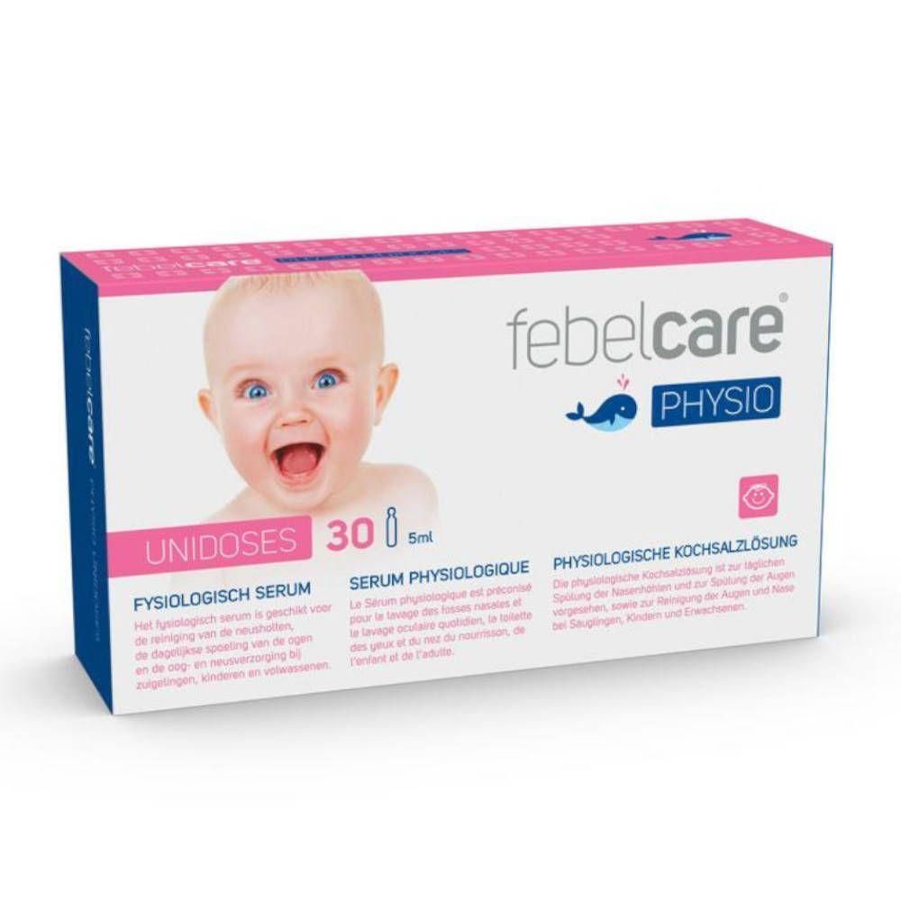 Verpakking van Febelcare Physio Unidoses. Roze en witte doos met babyfoto. Tekst: Unidoses, 30, 5ml, Fysiologisch serum.