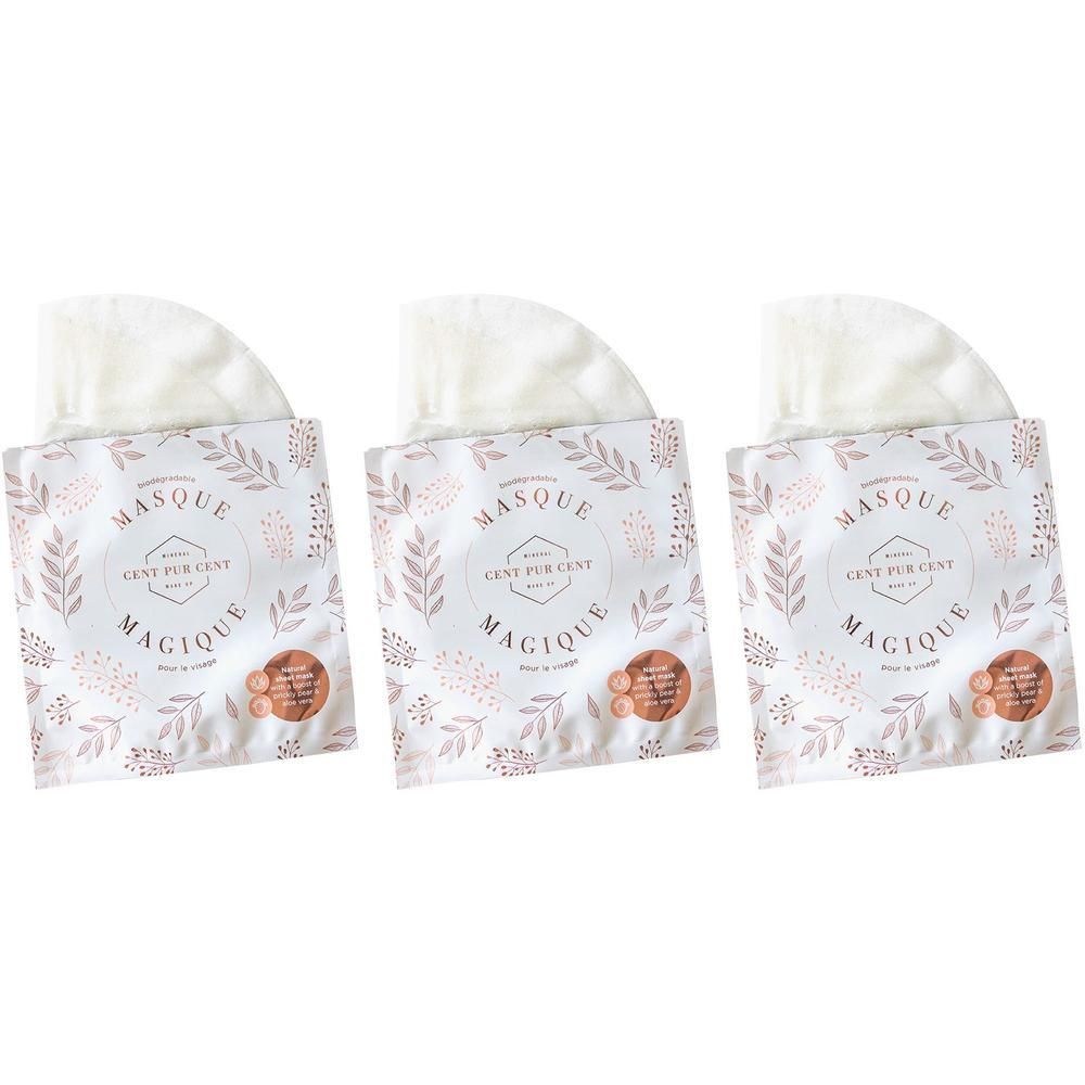Trois paquets de Cent Pur Cent Masque Magique Sheet Mask. Emballage blanc avec motif floral et nom du produit.