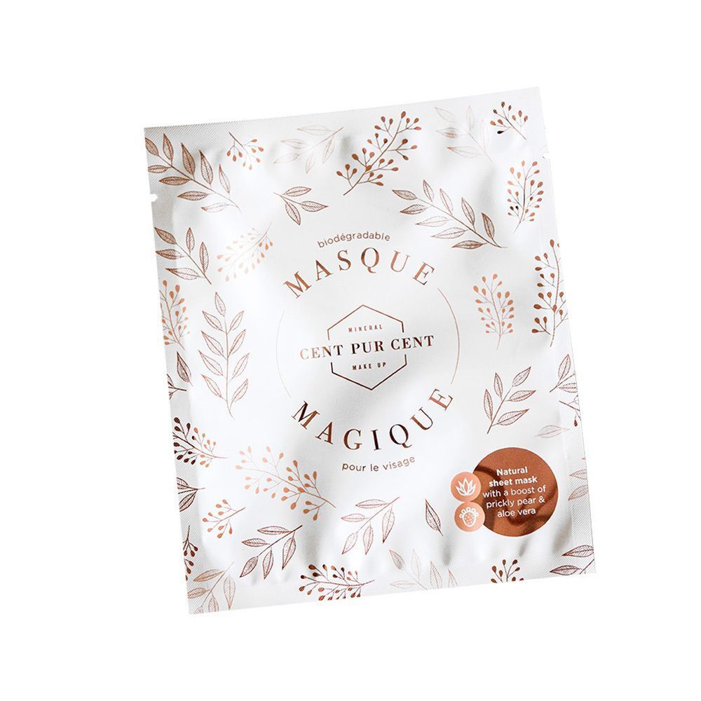 Cent Pur Cent Masque Magique Sheet Mask. Emballage blanc avec motif floral et nom du produit.