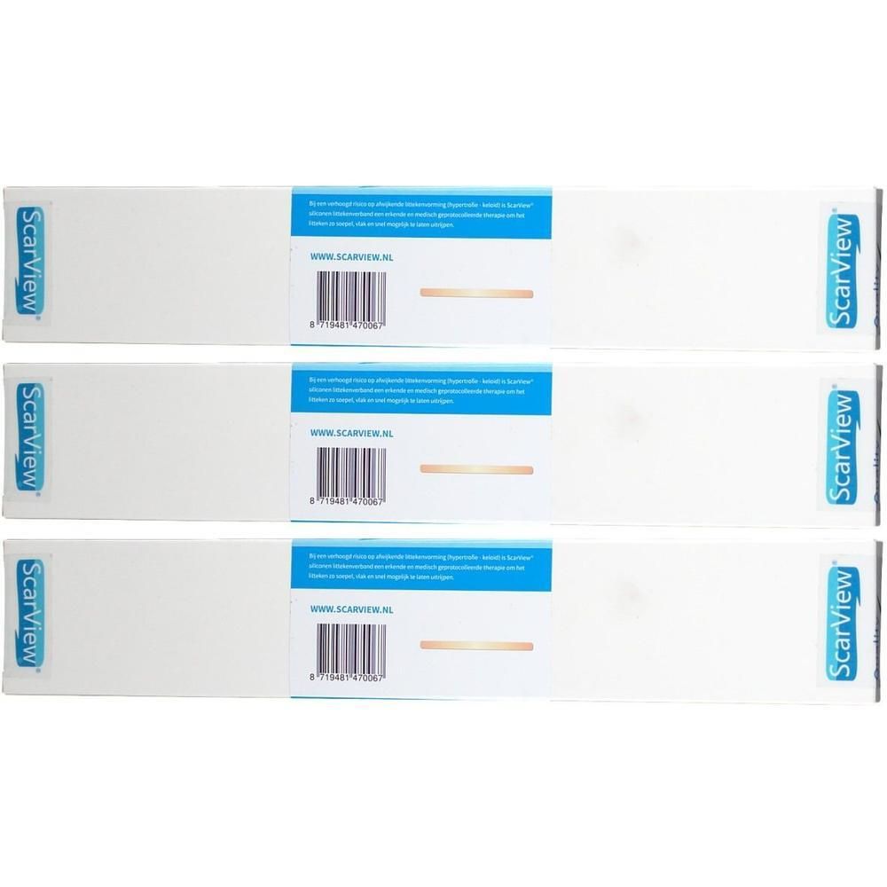 Drie witte dozen met blauwe accenten. Op elke doos staat "ScarView". Barcode en tekst op blauw veld.