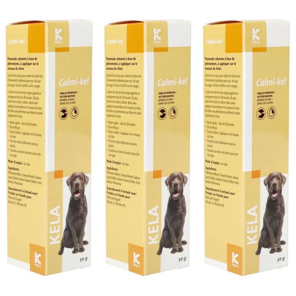 Trois boîtes KELA Calmi-kel. Boîtes jaunes avec nom du produit, photo de chien et texte. 50g.
