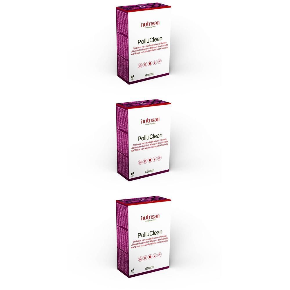 Trois boîtes rectangulaires. Inscription "Nutrisan PolluClean". Couleurs violet et blanc. 60 pièces.