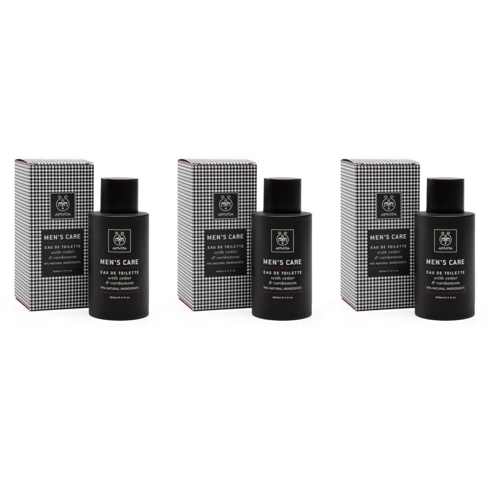 Drie eau de toilette flacons met zwarte flessen en zwart-wit geruite verpakkingen. Opschrift: Men's Care.
