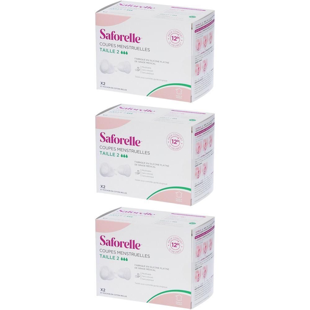 Trois boîtes de coupes menstruelles Saforelle Taille 2. Emballage blanc avec accents roses et informations produit.