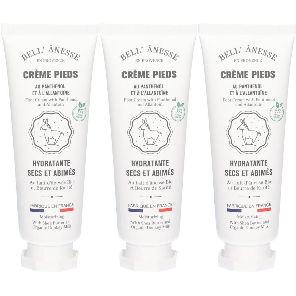 Trois tubes blancs de crème. Marque "Bell' Ânesse Crème Pieds". Texte: "Hydratante Secs et Abimés".