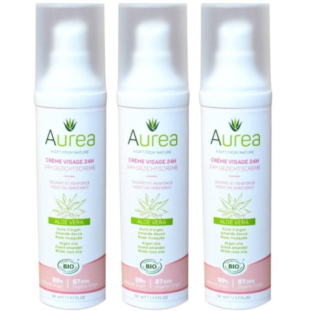 Trois flacons blancs Aurea Crème Visage 24h avec vaporisateur. Inscription: Aloe Vera, certification Bio. Accents roses et verts.