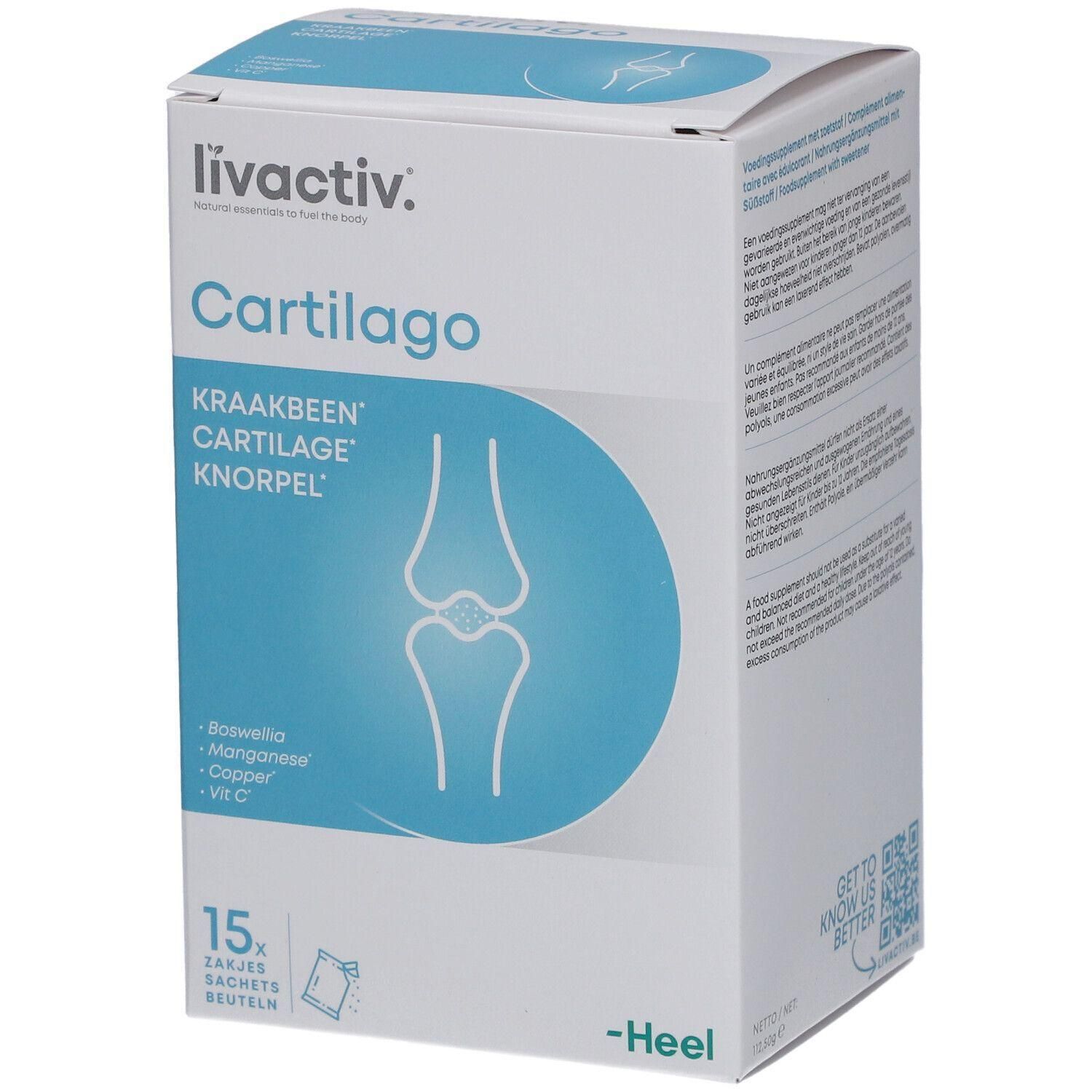 Boîte blanche « livactiv Cartilago ». Contient 15 sachets. Ingrédients : Boswellia, manganèse, cuivre, Vit C. Illustration d'articulation.