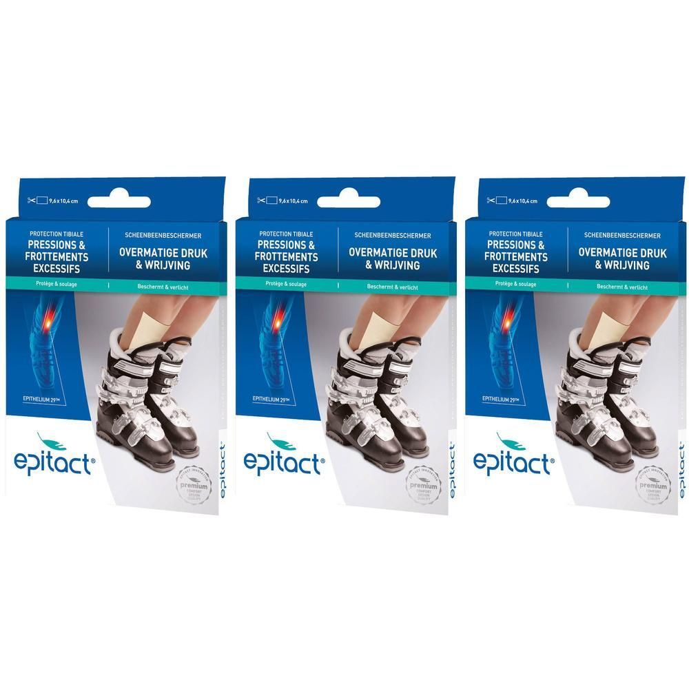 Drie productverpakkingen van epitact®. Blauwe dozen met productafbeelding en tekst. Toont een been met skischoen en bescherming.