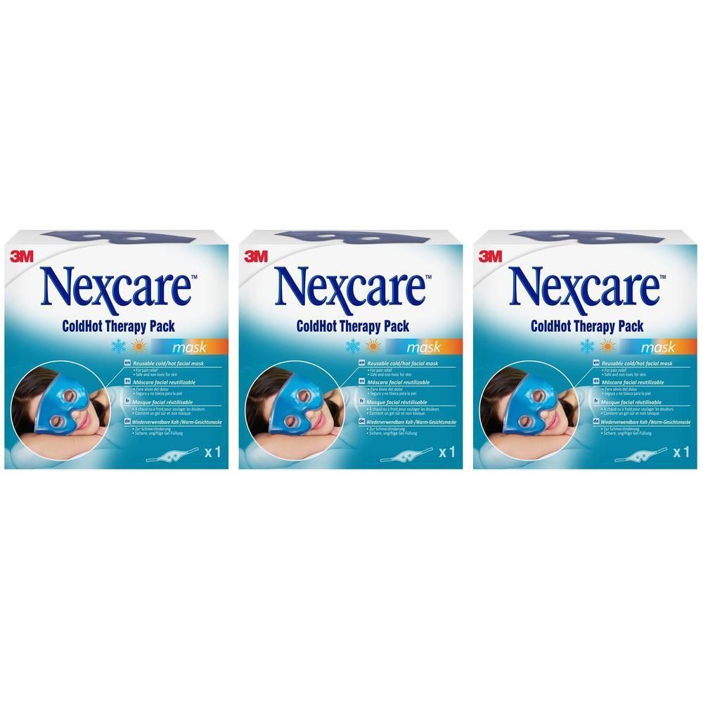 Trois boîtes de masque de thérapie Nexcare ColdHot. Emballage blanc avec logo bleu et image du produit.