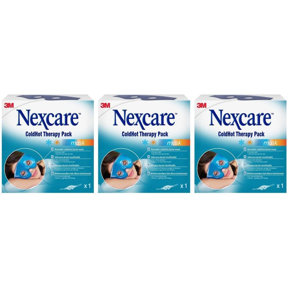 Drie verpakkingen Nexcare ColdHot Therapy Mask. Witte verpakking met blauw logo en productafbeelding.