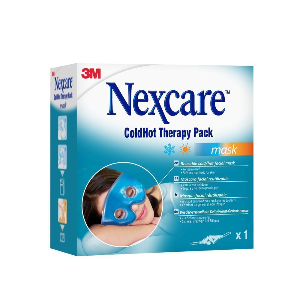 Nexcare ColdHot Therapy Pack. Blauw gezichtsmasker op de verpakking. Productnaam en logo duidelijk zichtbaar.