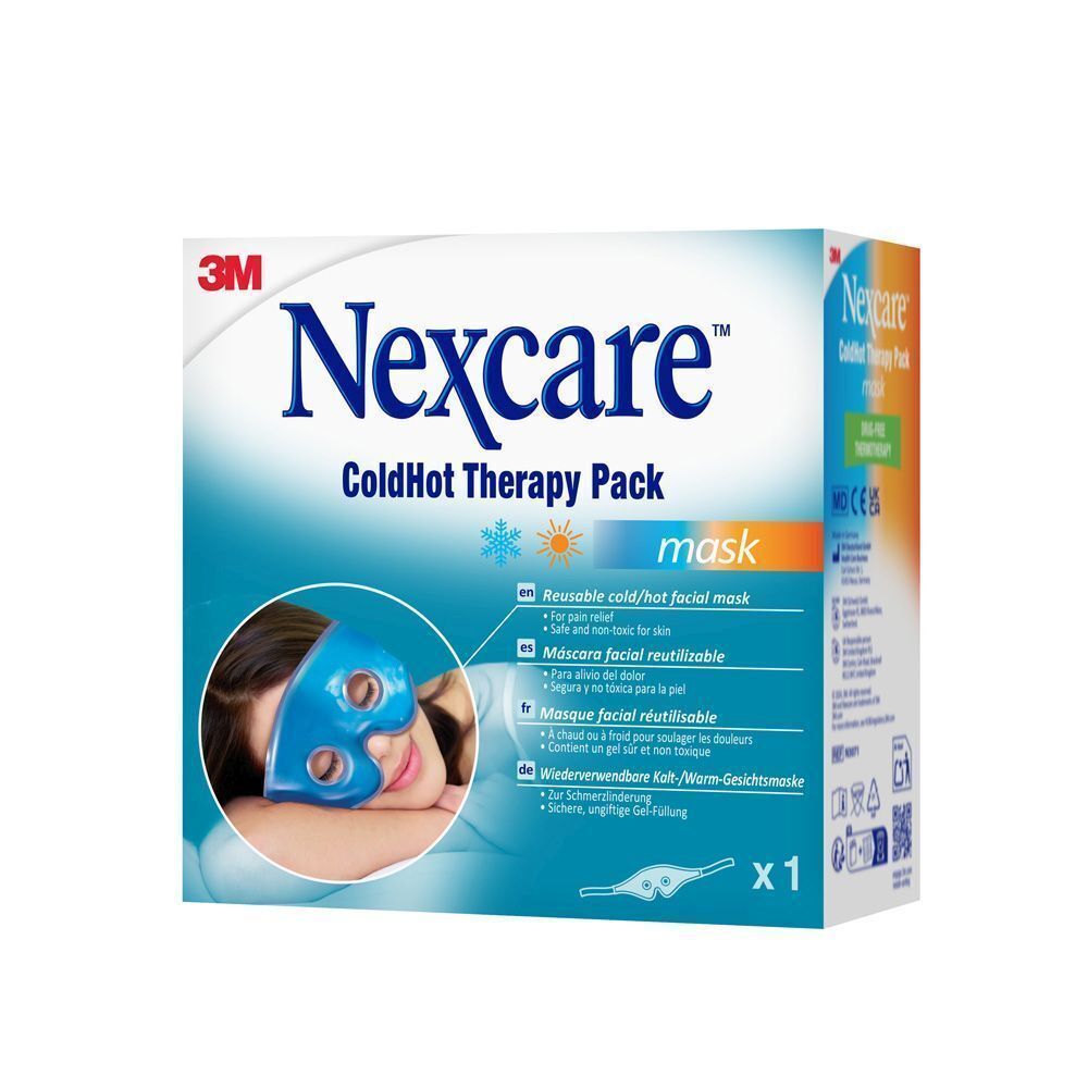 Nexcare ColdHot Therapy Pack. Masque facial bleu sur l'emballage. Nom du produit et logo clairement visibles.
