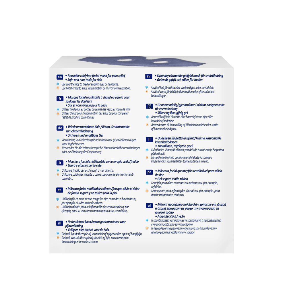 Dos de l'emballage Nexcare ColdHot Therapy Pack. Informations produit multilingues et logos.