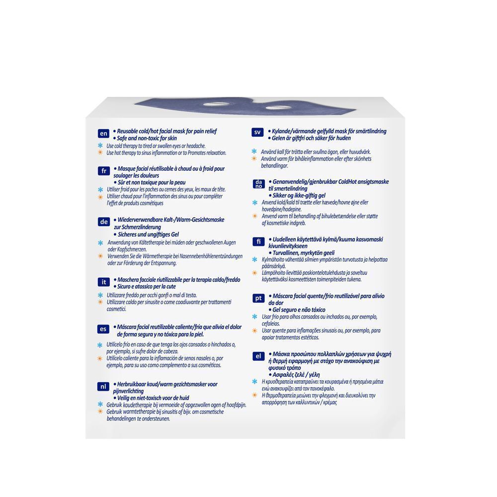 Achterkant van de verpakking van Nexcare ColdHot Therapy Pack. Meertalige productinformatie en logo's.