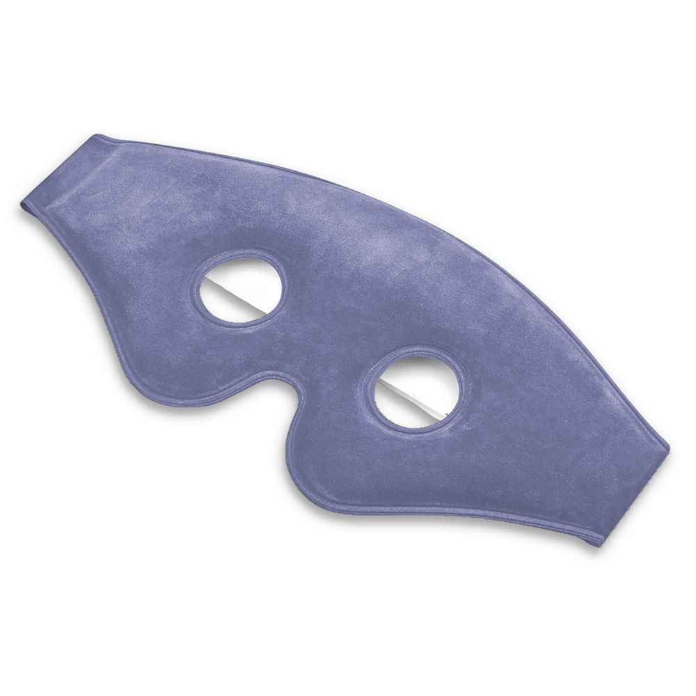 Masque facial bleu avec deux ouvertures pour les yeux. Matériau doux, forme pour le visage.