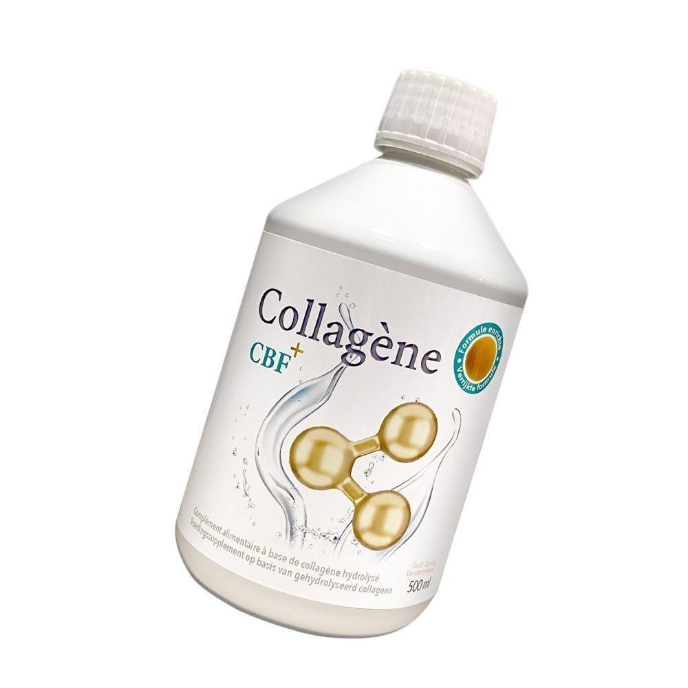 Witte fles met CBF Collagène-label. Gouden molecuul illustratie. Groen kwaliteitszegel. 500ml.