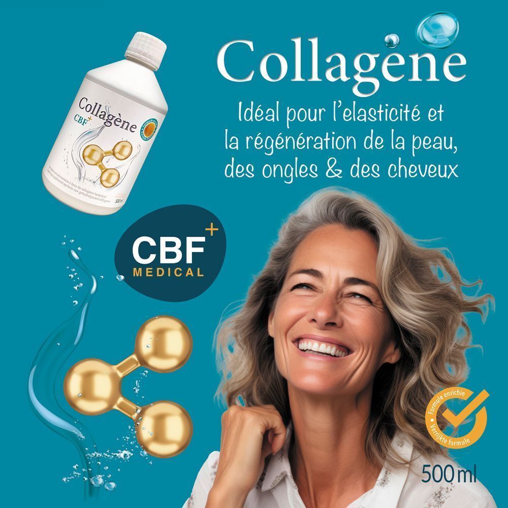 Femme souriante. Bouteille CBF Collagène. Illustration de molécule dorée. Texte: Idéal pour l'élasticité. 500ml.