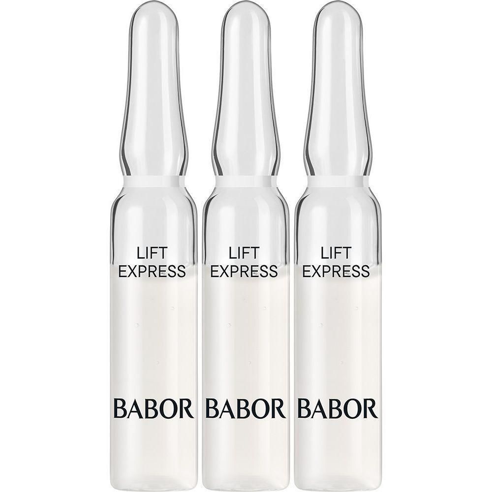 Trois ampoules en verre avec liquide. "LIFT EXPRESS" et "BABOR" sont inscrits sur chaque ampoule.