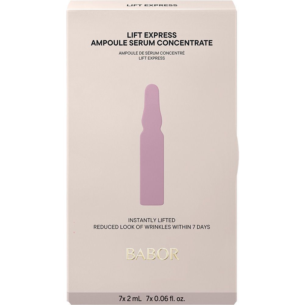 Emballage avec une image d'une ampoule. Texte : "LIFT EXPRESS", "AMPOULE SERUM CONCENTRATE", "BABOR".
