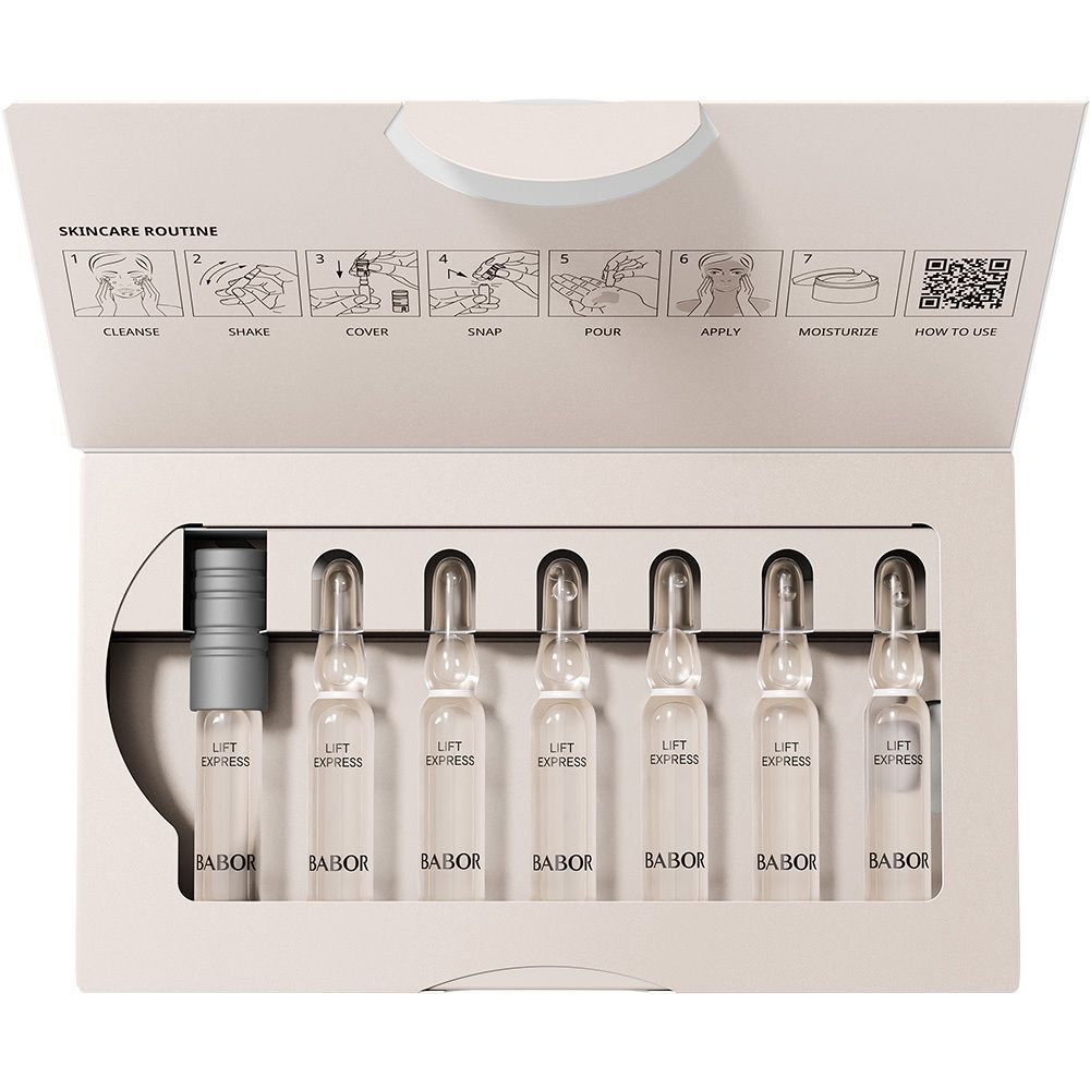 Emballage ouvert avec sept ampoules. "LIFT EXPRESS" et "BABOR" sont inscrits sur chaque ampoule.