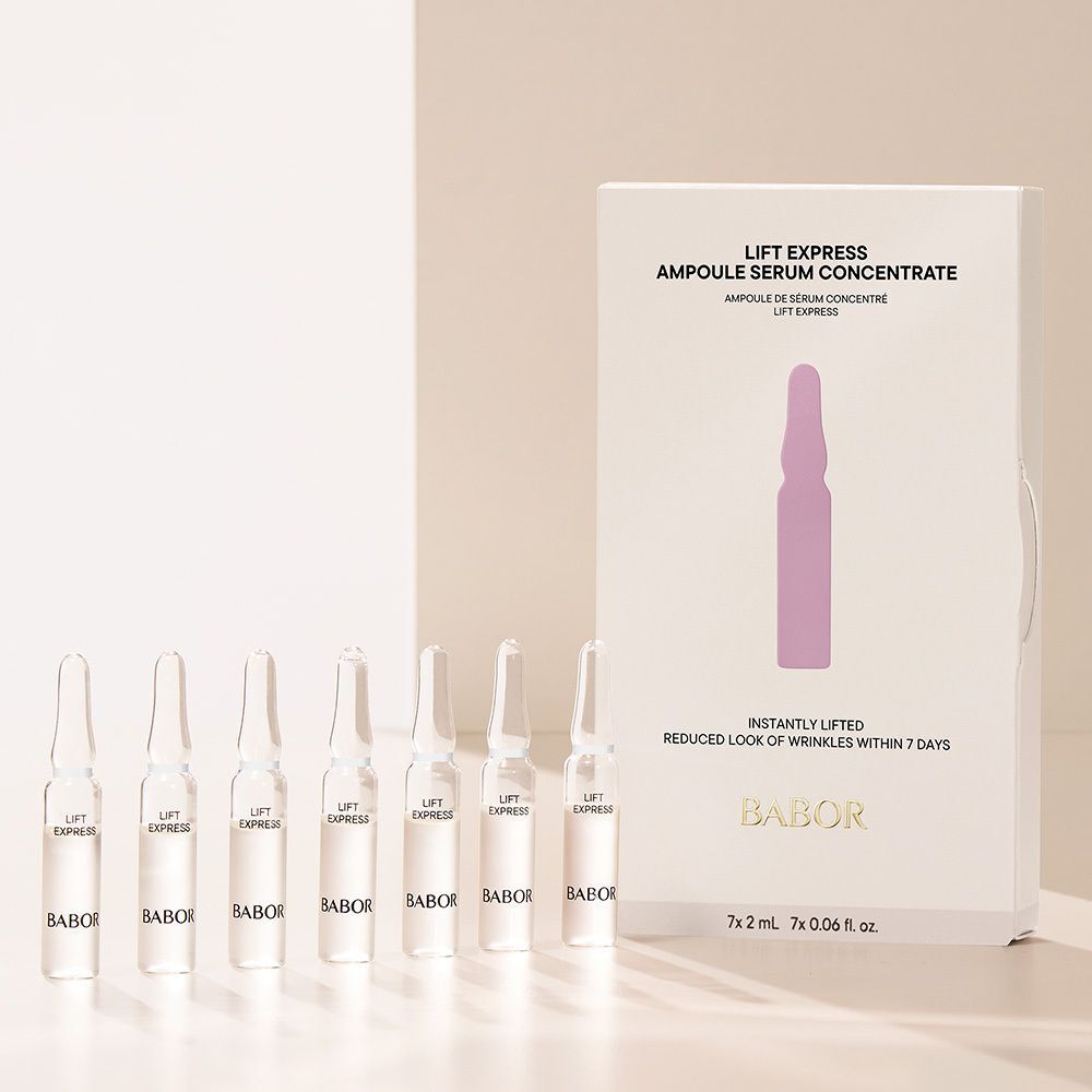 Verpakking met zeven ampullen. Tekst: "LIFT EXPRESS", "AMPOULE SERUM CONCENTRATE", "BABOR".