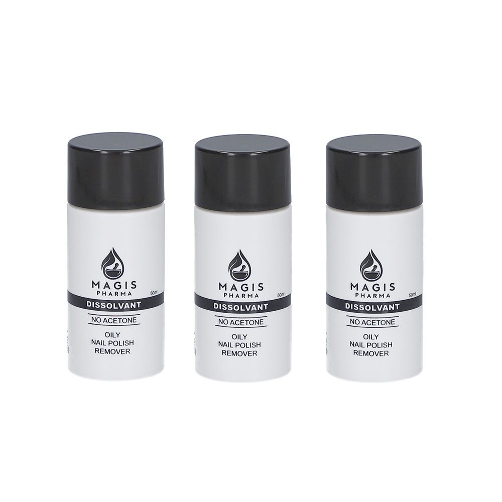 Drie witte flessen met zwarte dop. Opschrift: MAGIS PHARMA, DISSOLVANT, NO ACETONE, OILY NAIL POLISH REMOVER.