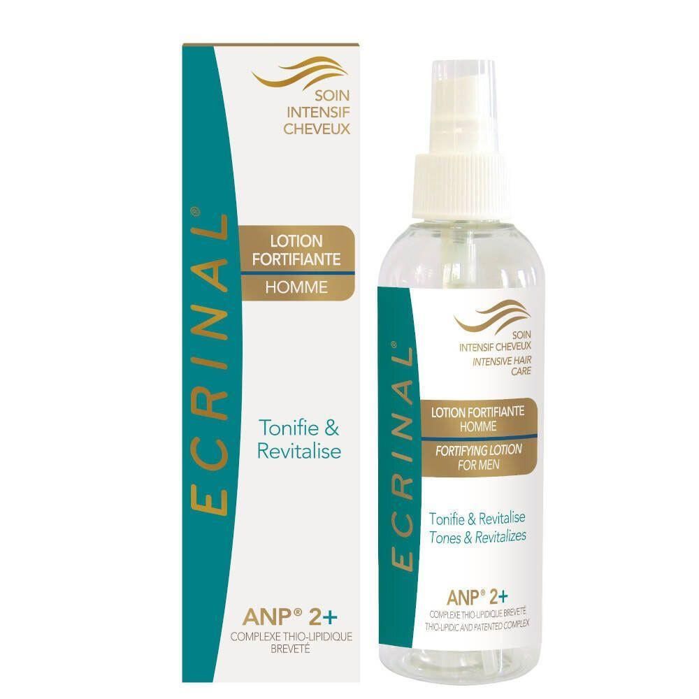 Lotionfles en doos. Opschrift: ECRINAL, Lotion Fortifiante Homme. Tekst: Tonifie & Revitalise. Met verstuiver.