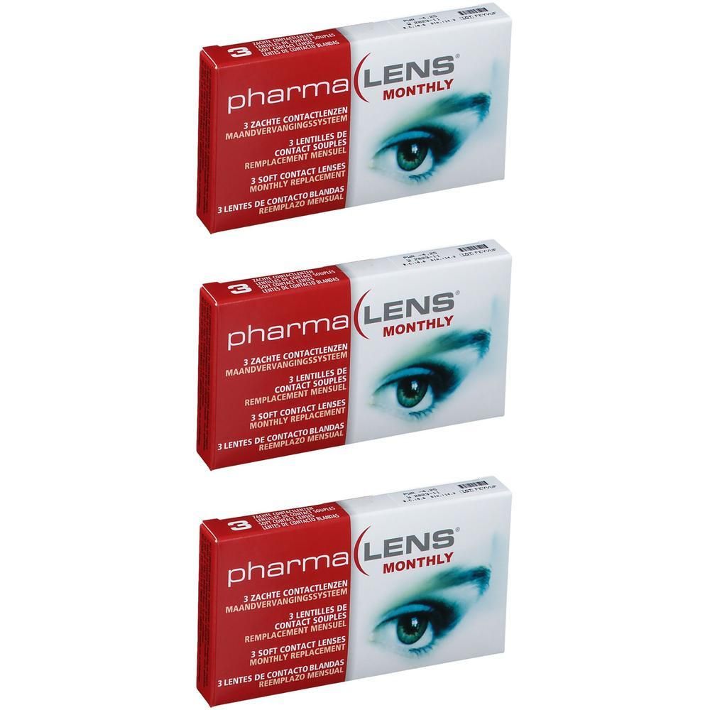 Trois boîtes de lentilles de contact. Emballage rouge et blanc avec nom du produit et image d'œil. Lentilles mensuelles.