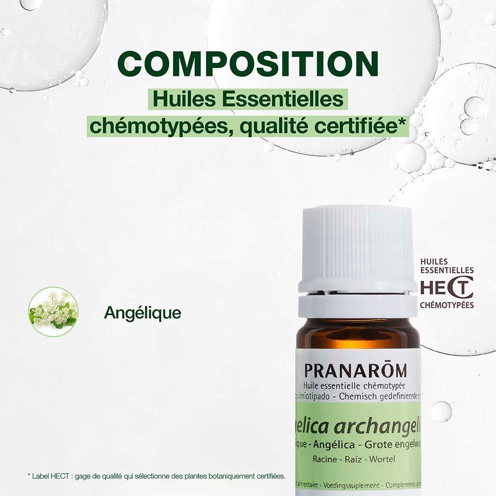 Flacon avec étiquette. Texte: PRANARÔM, Huile essentielle chémotypée. Logo HECT.