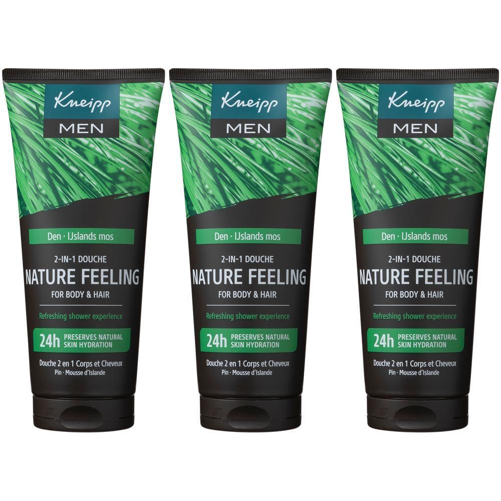 Trois tubes de Kneipp Men Nature Feeling Douche 2-en-1. Bouchon noir, emballage vert et noir avec texte et logo.