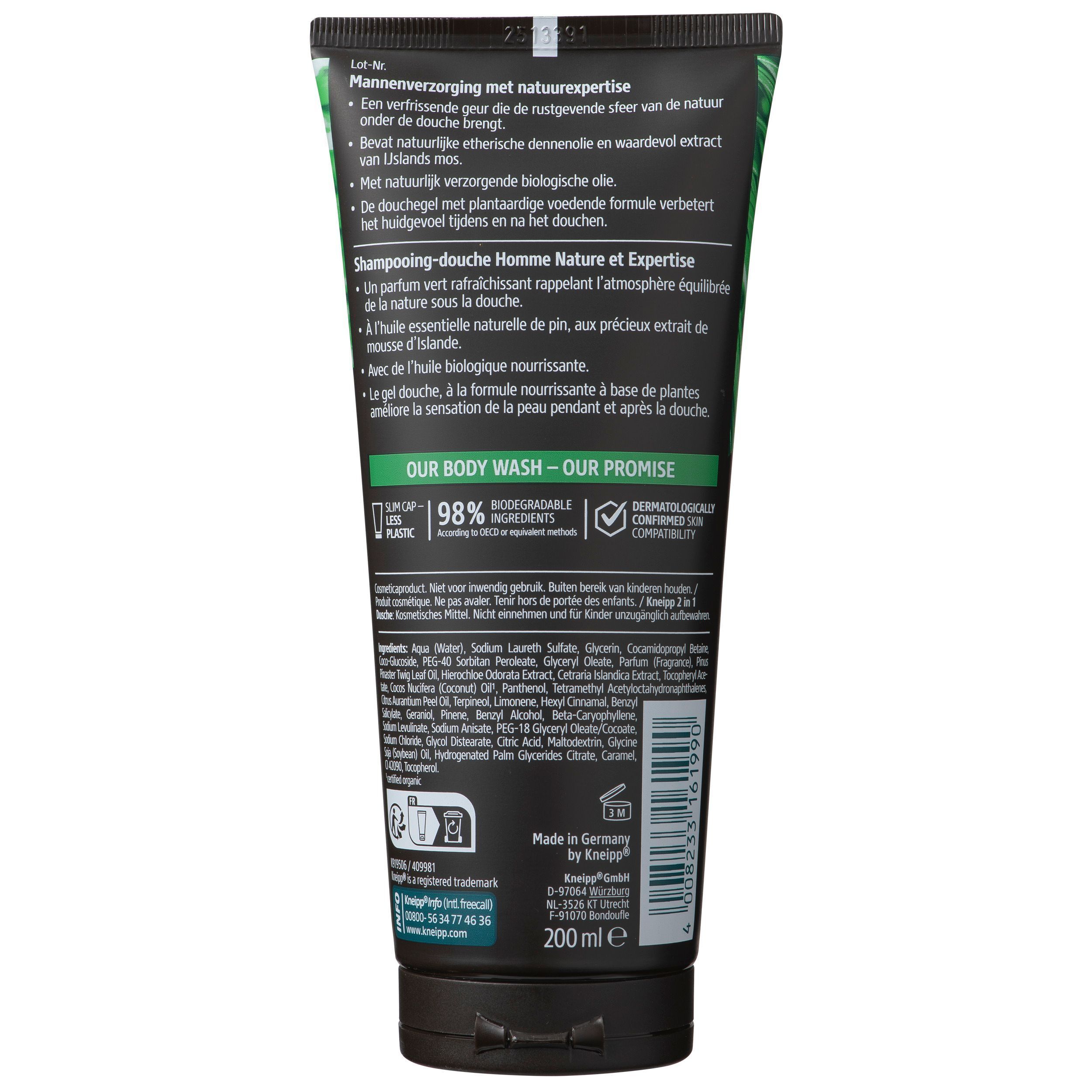 Achterkant van een tube Kneipp Men Nature Feeling Douche 2-in-1. Zwarte dop, groene en zwarte verpakking met tekst.