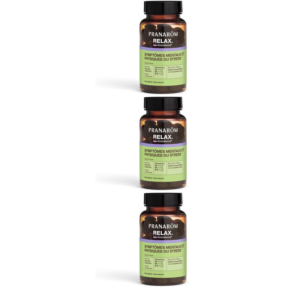 Trois flacons Pranarom Aromaboost RELAX. Flacons en verre brun, bouchon noir, étiquette verte.