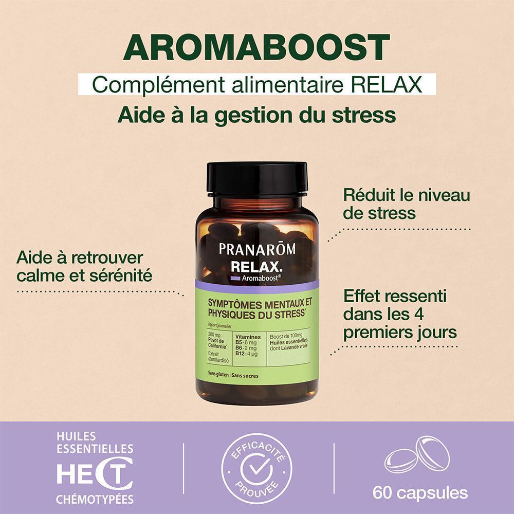 Flacon Pranarom Aromaboost RELAX avec capsules. Flacon en verre brun, bouchon noir, étiquette verte.