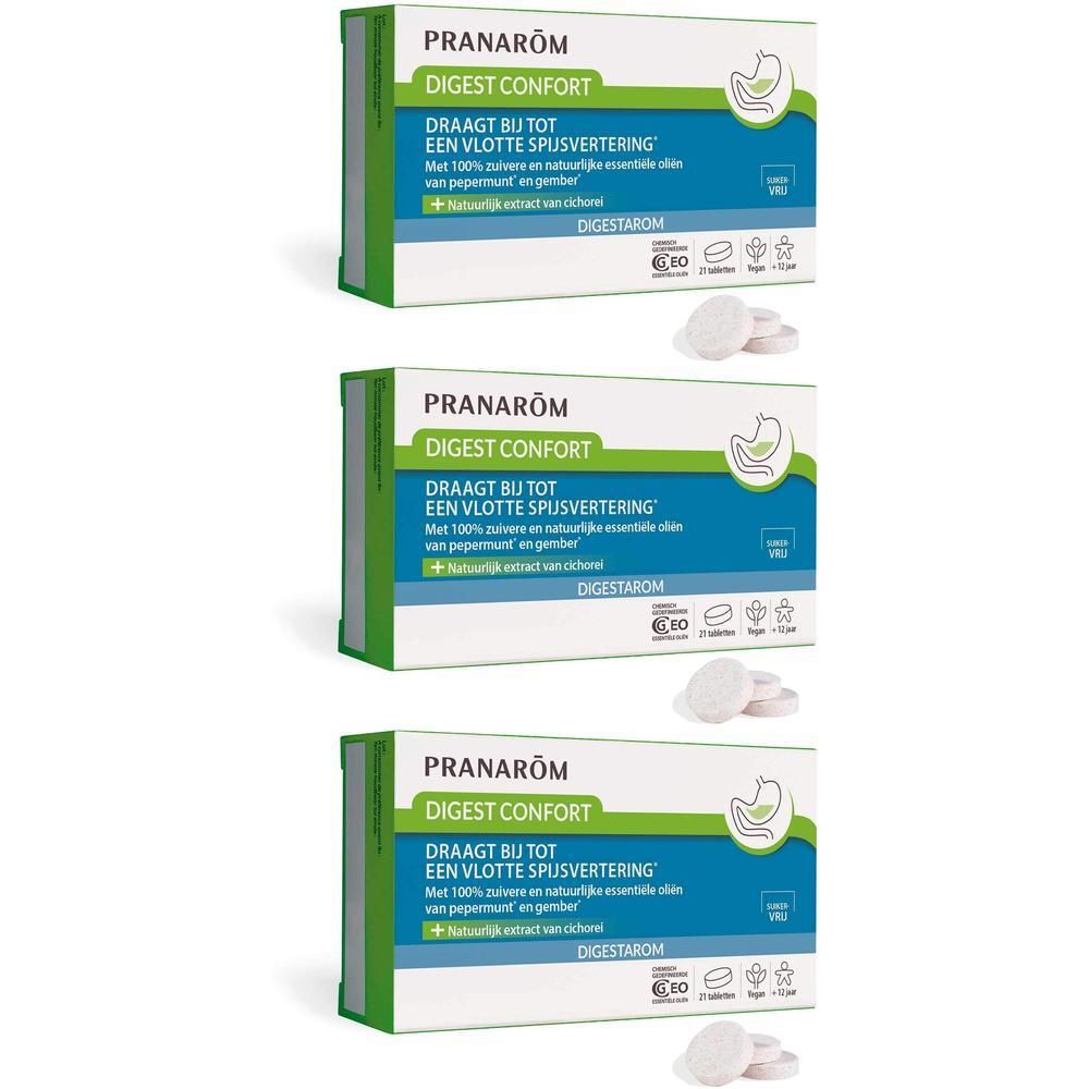 Drie dozen Pranarôm Digestarom Digest Confort. Witte tabletten ernaast. Groene en witte verpakking.