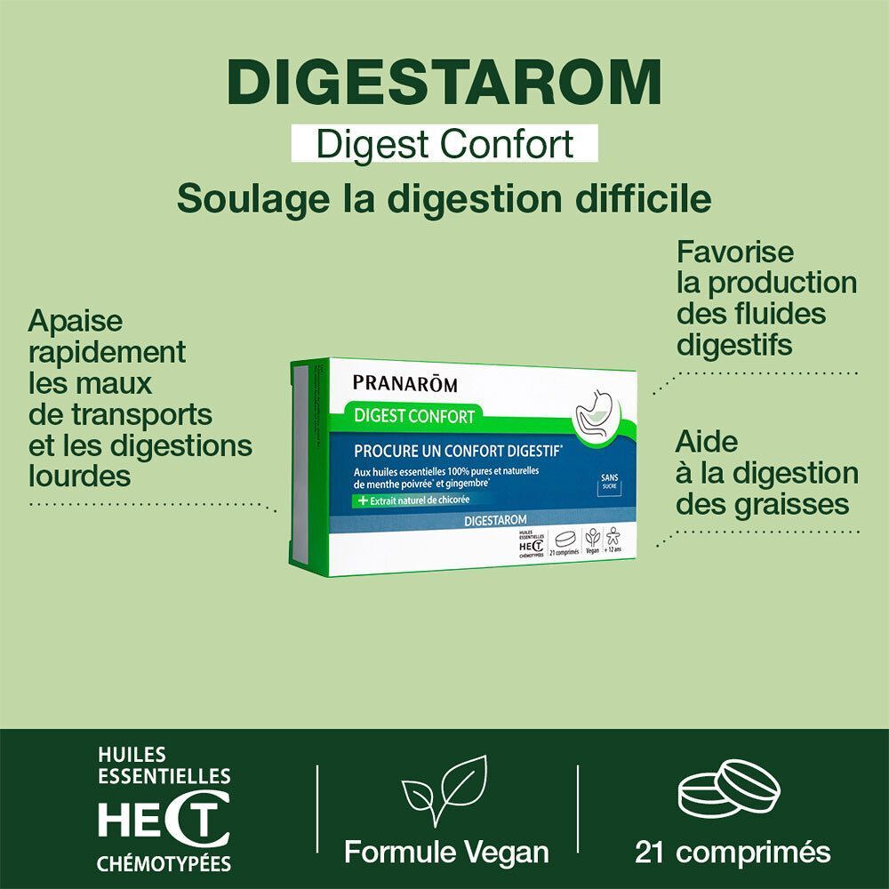 Pranarôm Digestarom Digest Confort, 21 comprimés. Texte: Soulage la digestion difficile. Formule Vegan. Certification HECT.