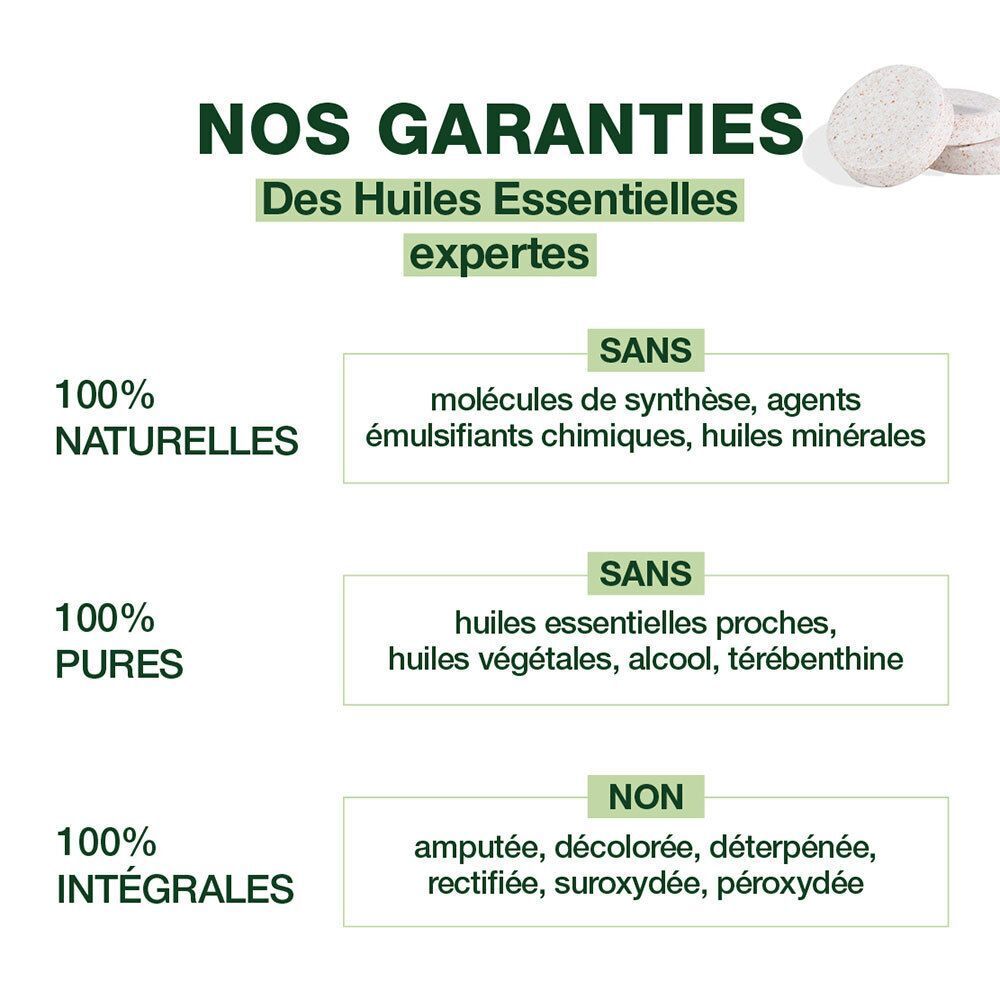 Texte: Nos Garanties. 100% Naturelles, 100% Pures, 100% Intégrales. Sans molécules synthétiques, huiles, alcool, etc.