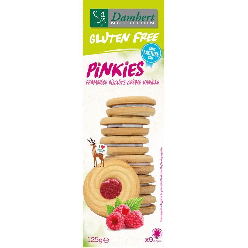 Verpakking met Pinkies framboise crème vanille koekjes, glutenvrij en lactosevrij. Versierd met frambozen en bladeren.