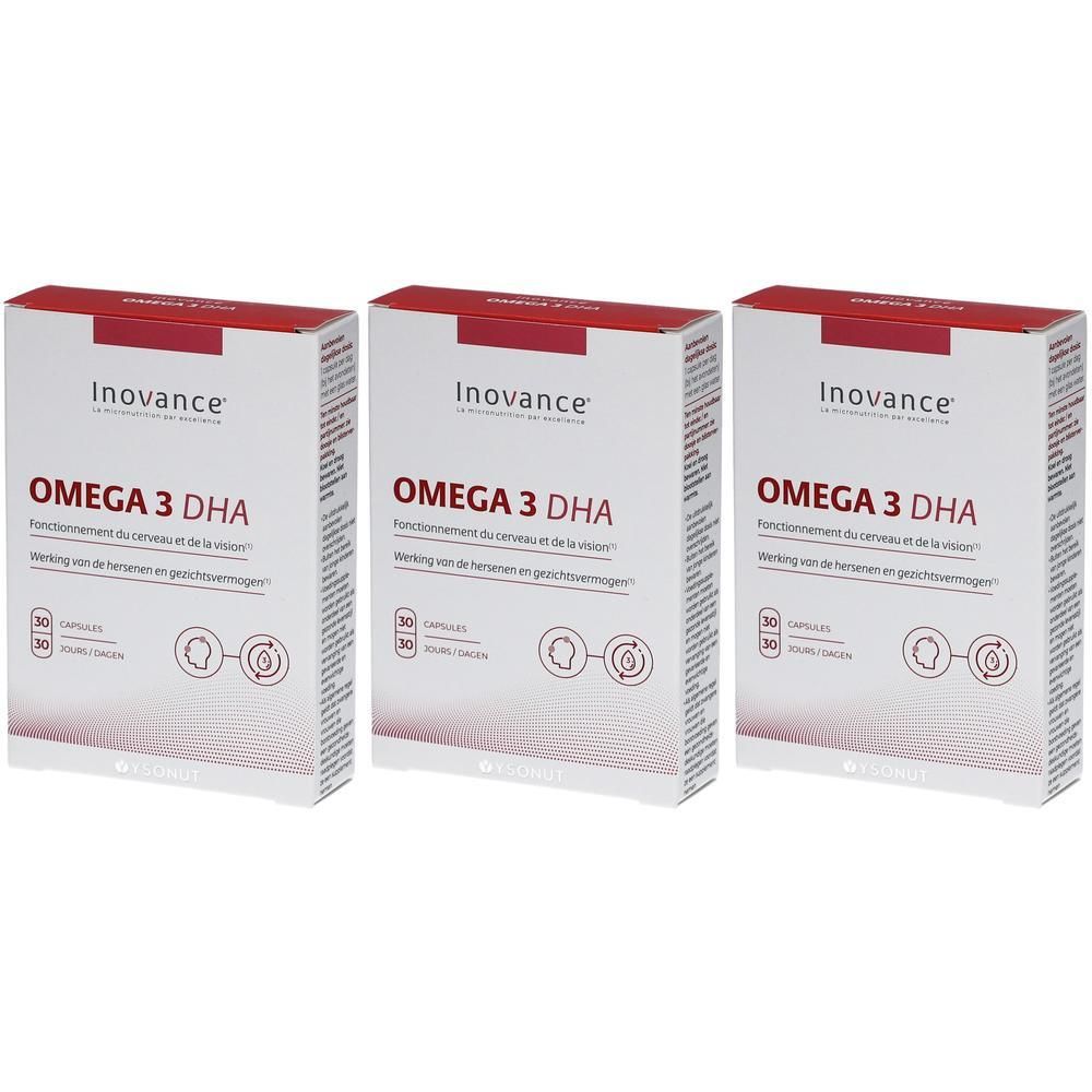 Trois boîtes blanches avec un couvercle rouge. Sur chaque boîte, on peut lire "Inovance" et "OMEGA 3 DHA".